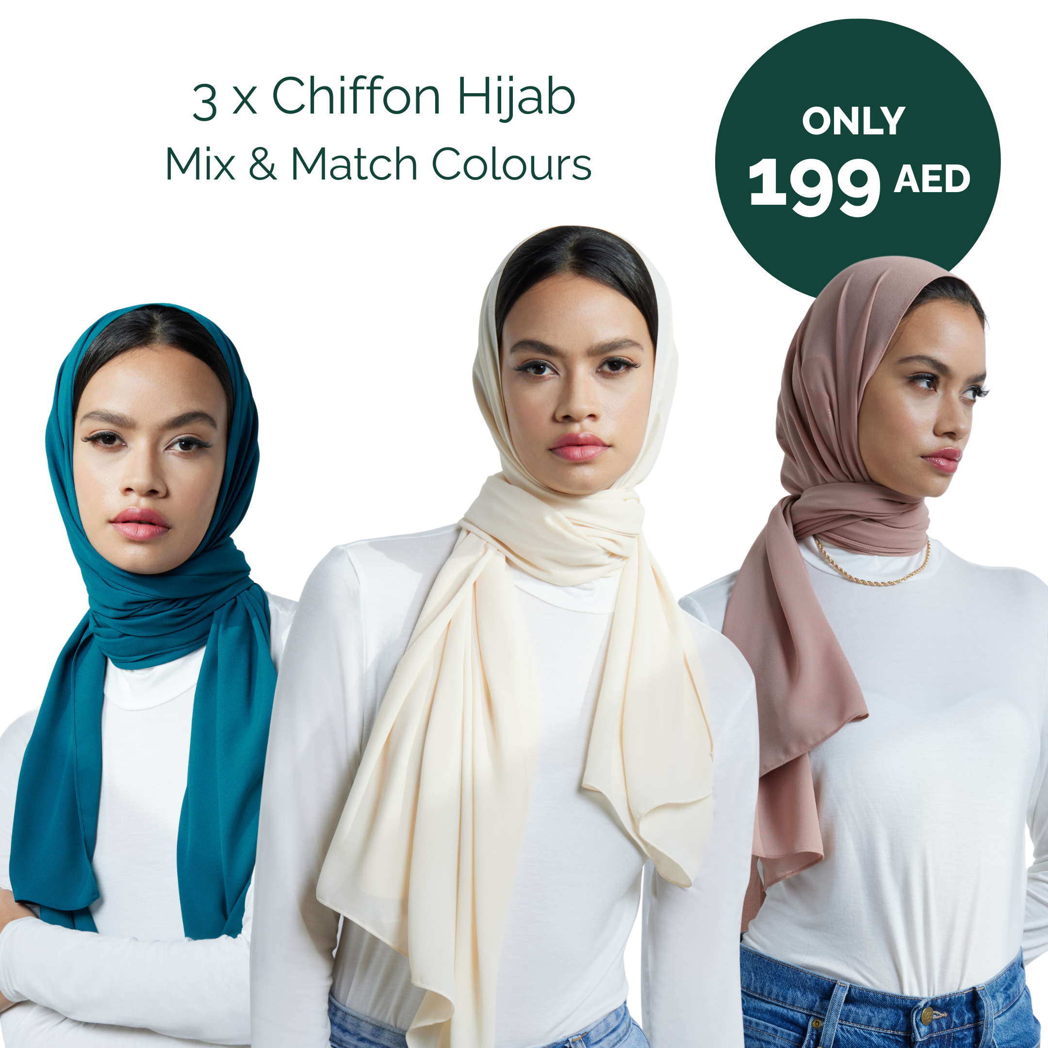 3 x Chiffon Hijab (Mix & Match Colours) For 199AED
