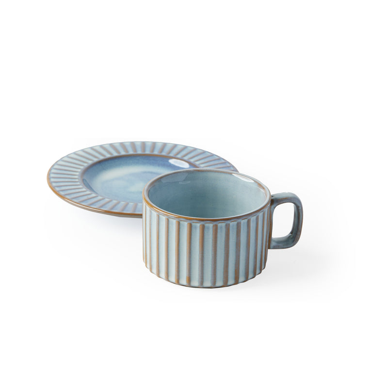 'Claudio' Teacup & Saucer, Sky Grey [Set of 4]