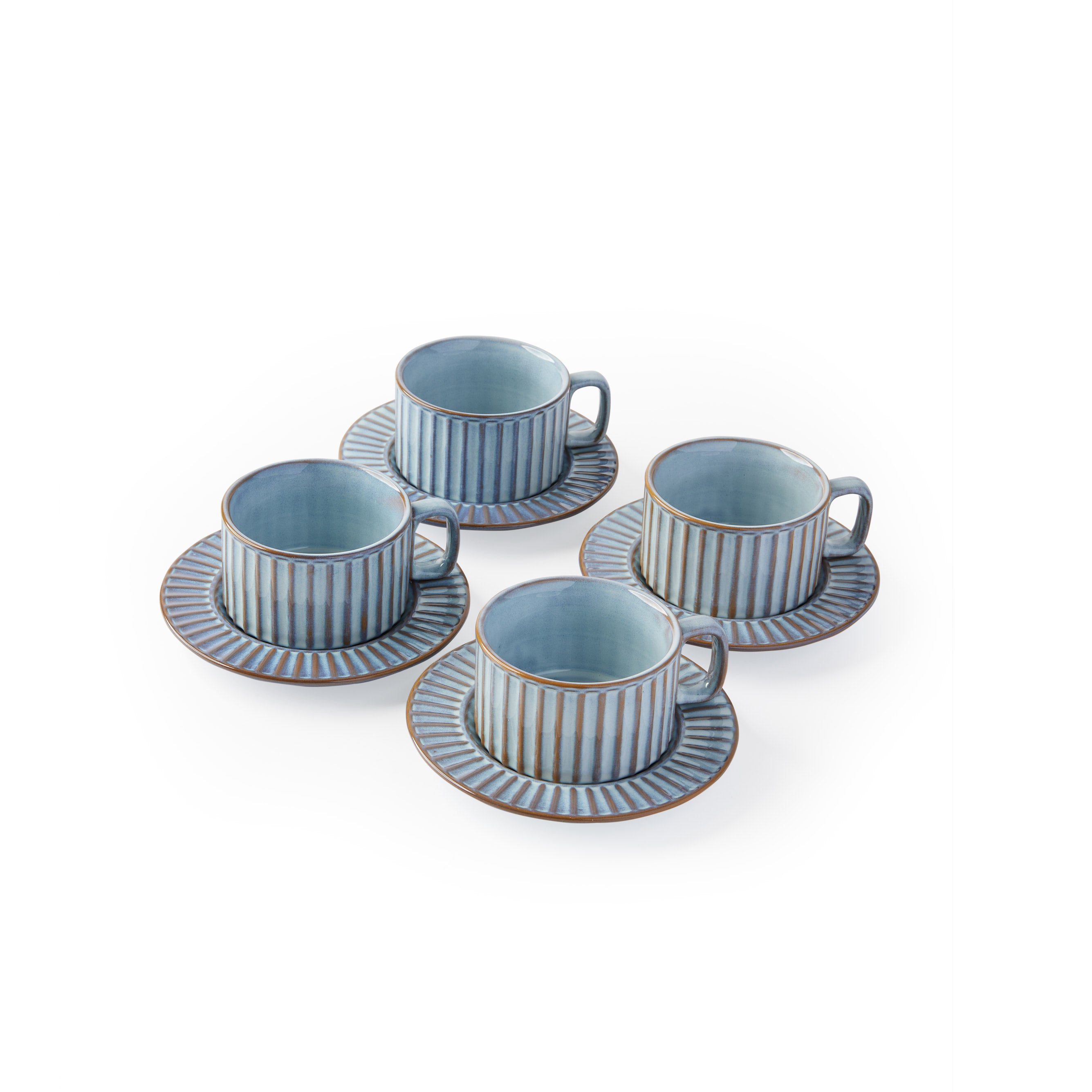 'Claudio' Teacup & Saucer, Sky Grey [Set of 4]