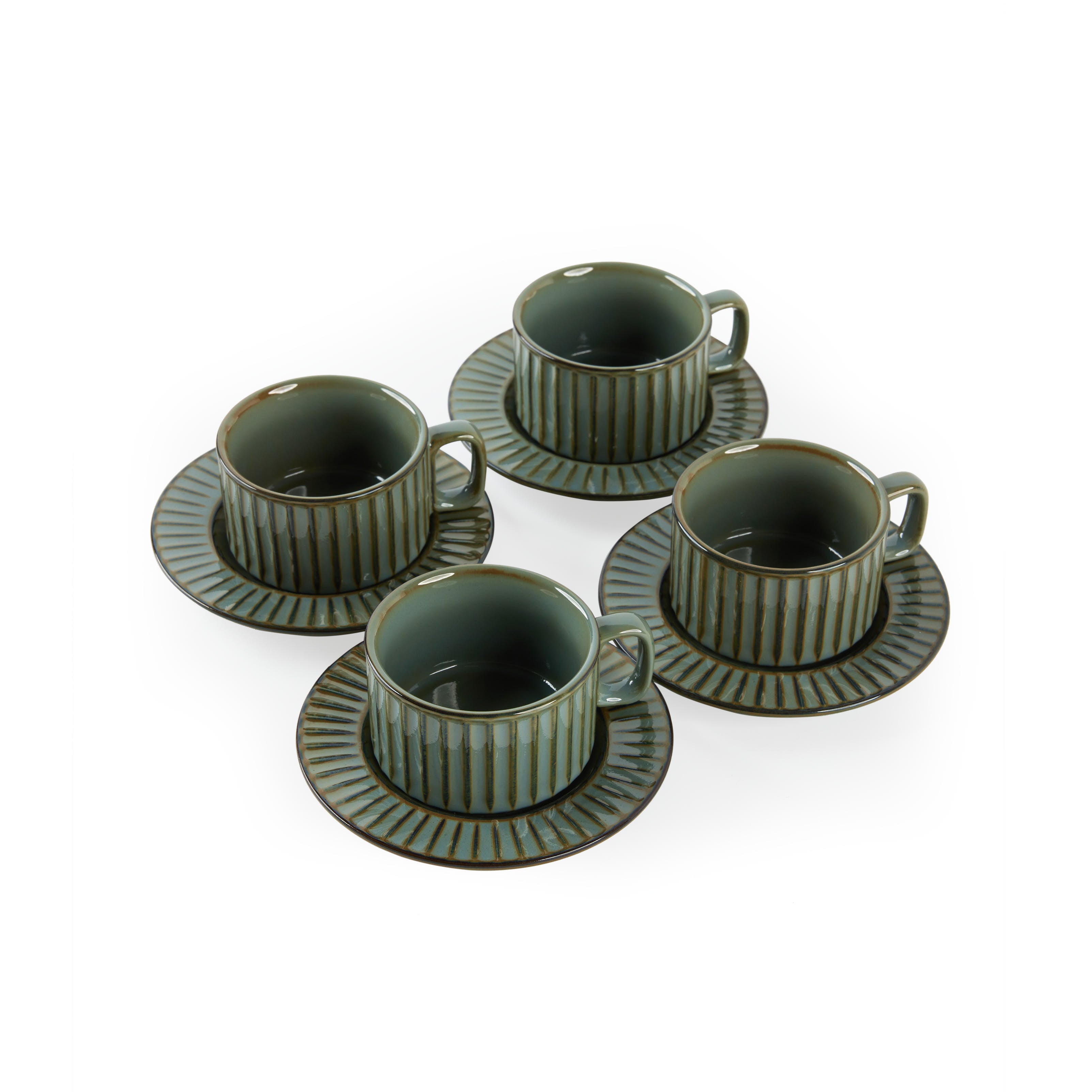 'Claudio' Teacup & Saucer, Dark Sage [Set of 4]