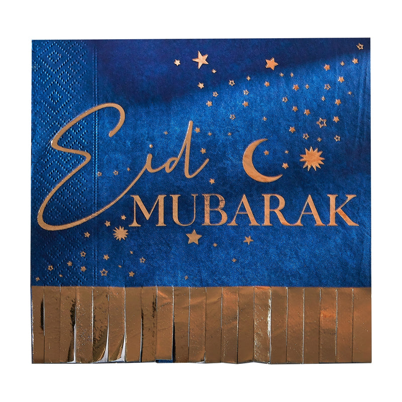'Eid Mubarak' 16 x Fringe Paper Napkin [Navy & Gold]