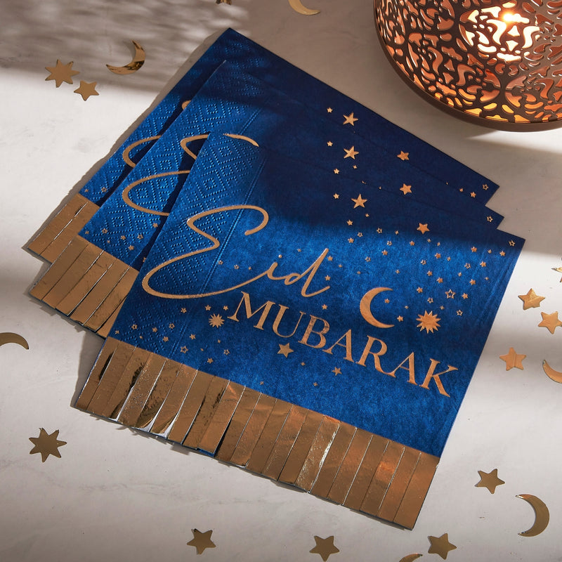 'Eid Mubarak' 16 x Fringe Paper Napkin [Navy & Gold]