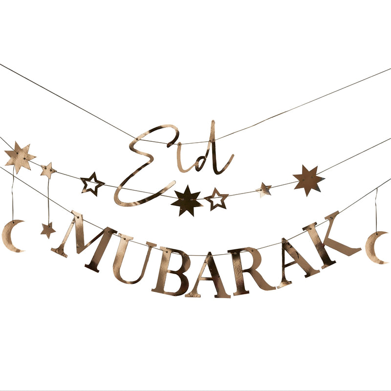'Eid Mubarak' Bunting with Moons & stars [Gold]
