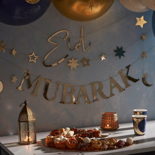 'Eid Mubarak' Bunting with Moons & stars [Gold]